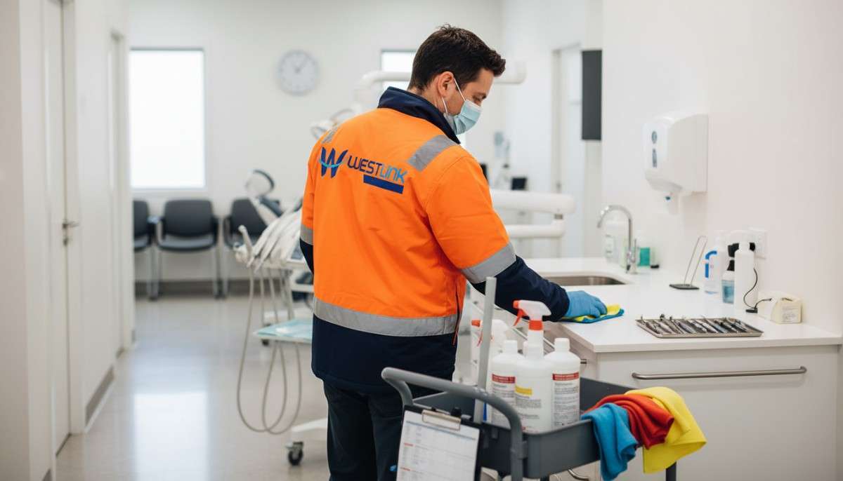 Westlink Commercial Cleaning Professional cleaner disinfecting a medical treatment room at a healthcare facility in Southern Sydney