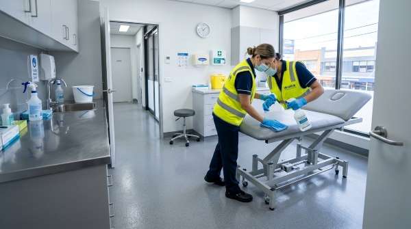 Medical clinic end of lease cleaning in Sydney with cleaner sanitising treatment areas for handover.