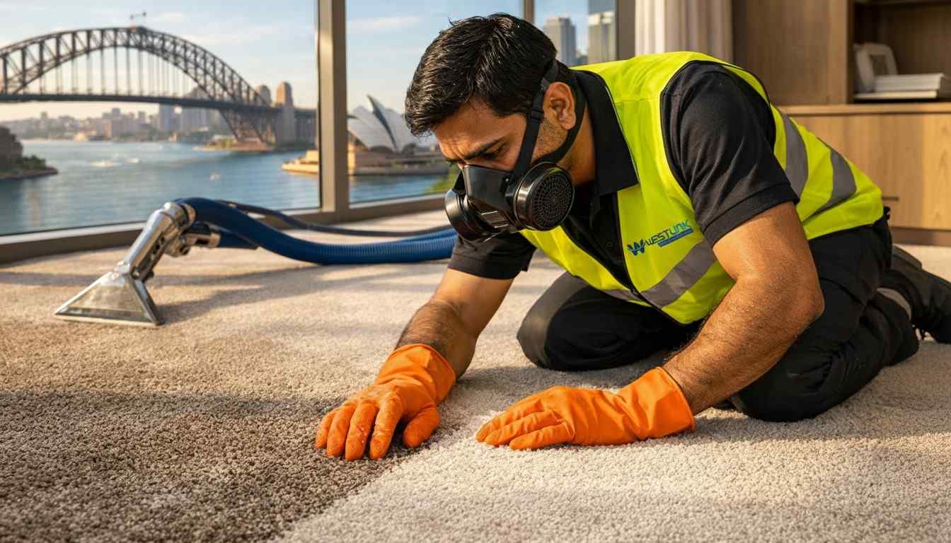 A Westlink Commercial Cleaning cleaner in a yellow vest, black mask, and orange gloves deep cleaning a nylon carpet in a Sydney high-rise apartment with harbour views.