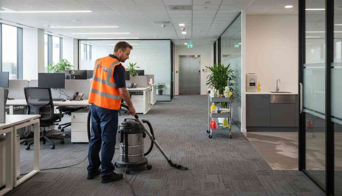 Westlink Commercial Cleaning Commercial cleaner vacuuming a carpeted open-plan office in Southern Sydney