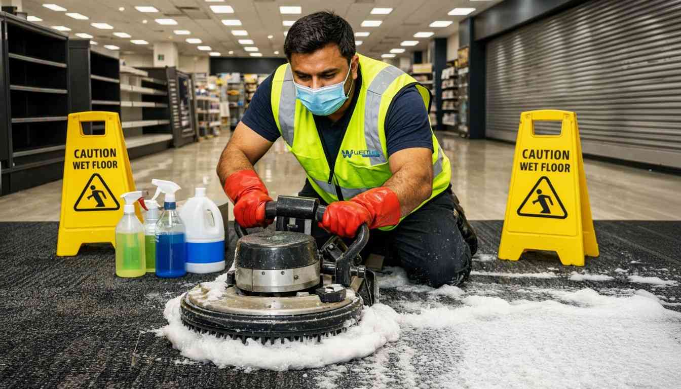 Westlink Commercial cleaner in a yellow vest, blue mask, and red gloves using a rotary brush machine to clean a polypropylene carpet in a Sydney retail store after hours.
