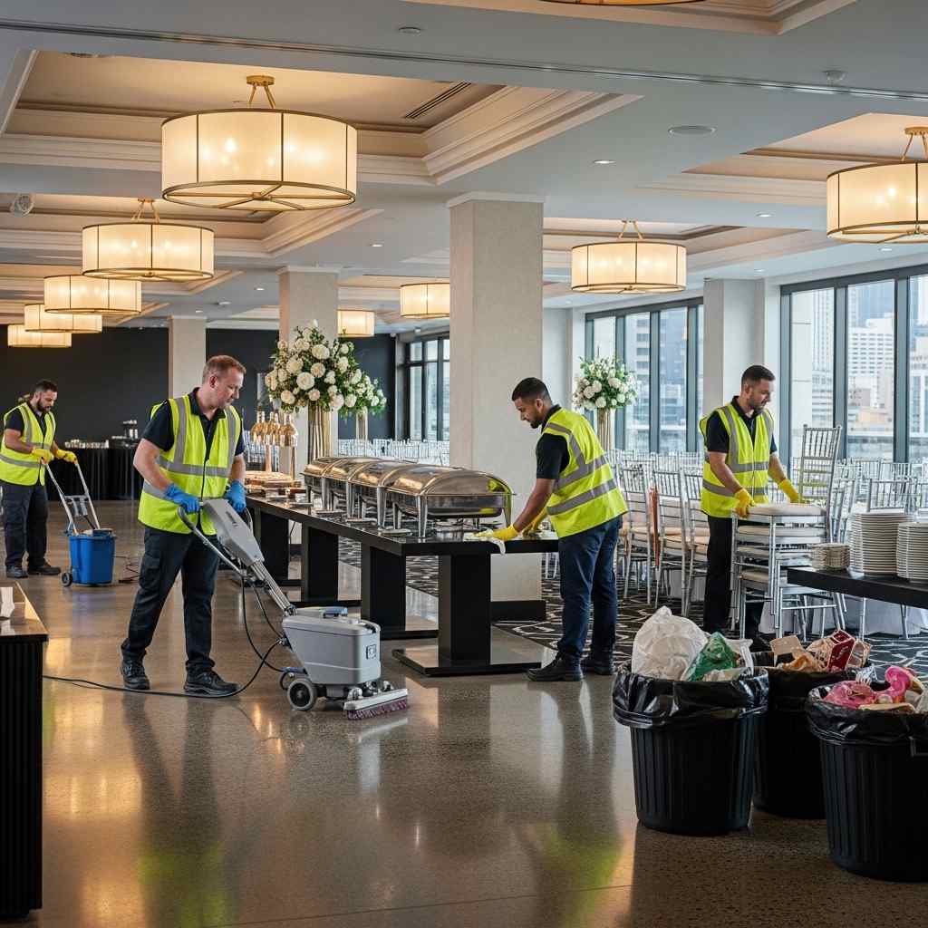 Post-event cleaning in Sydney, professional cleaners restoring event venues with rubbish removal, floor cleaning, and full venue reset after functions.