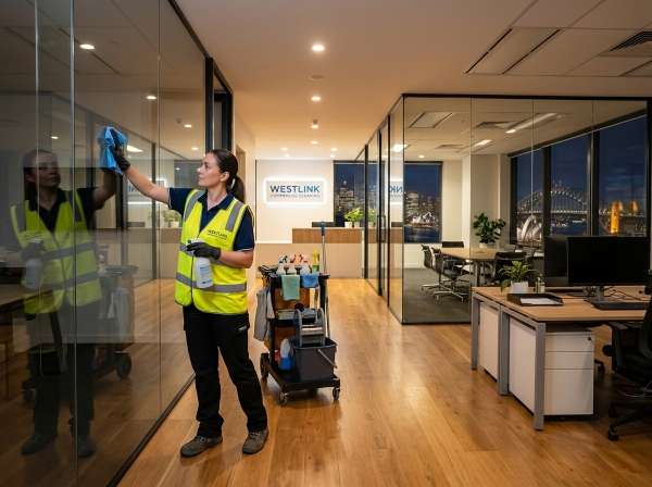 Professional commercial office cleaning in a modern Sydney office with a cleaner sanitising glass partitions and high-touch surfaces after hours
