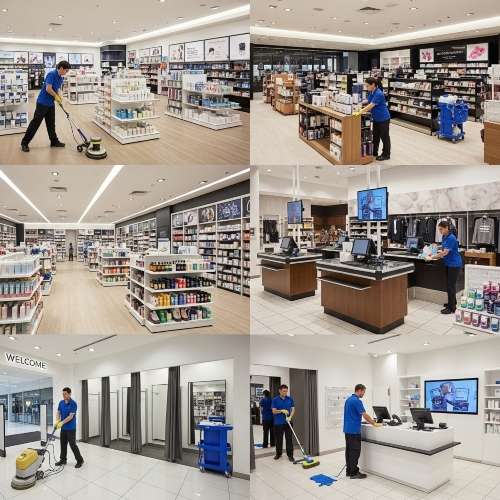 Professional retail store cleaning routine in Sydney with spotless floors and displays