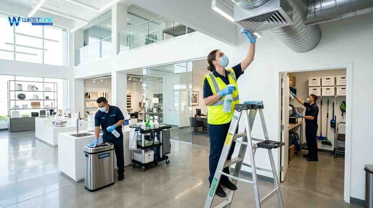 Cleaning staff removing odors in a showroom by sanitizing bins, maintaining HVAC systems, and cleaning back areas