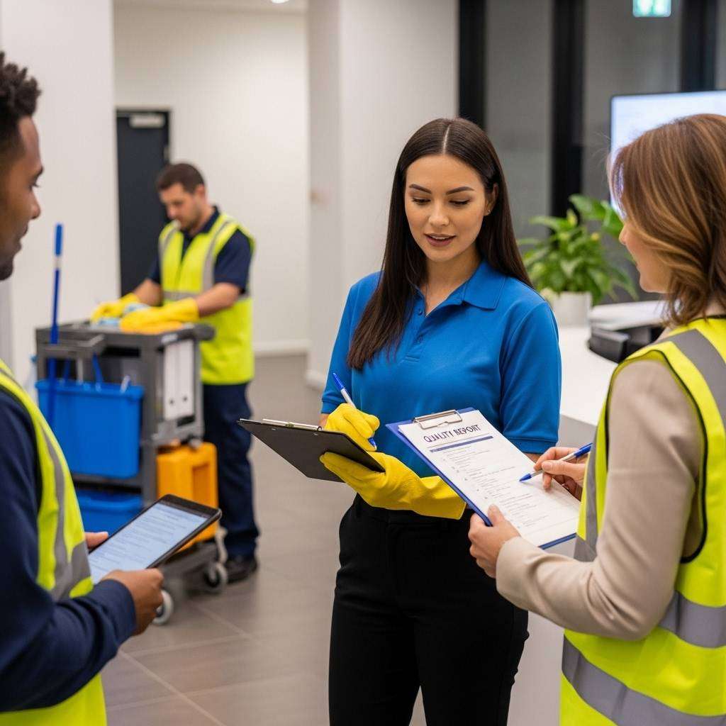 School cleaning quality checks, reporting and communication for school managers, with facilities staff reviewing a cleaning inspection checklist and commercial cleaners working on site.
