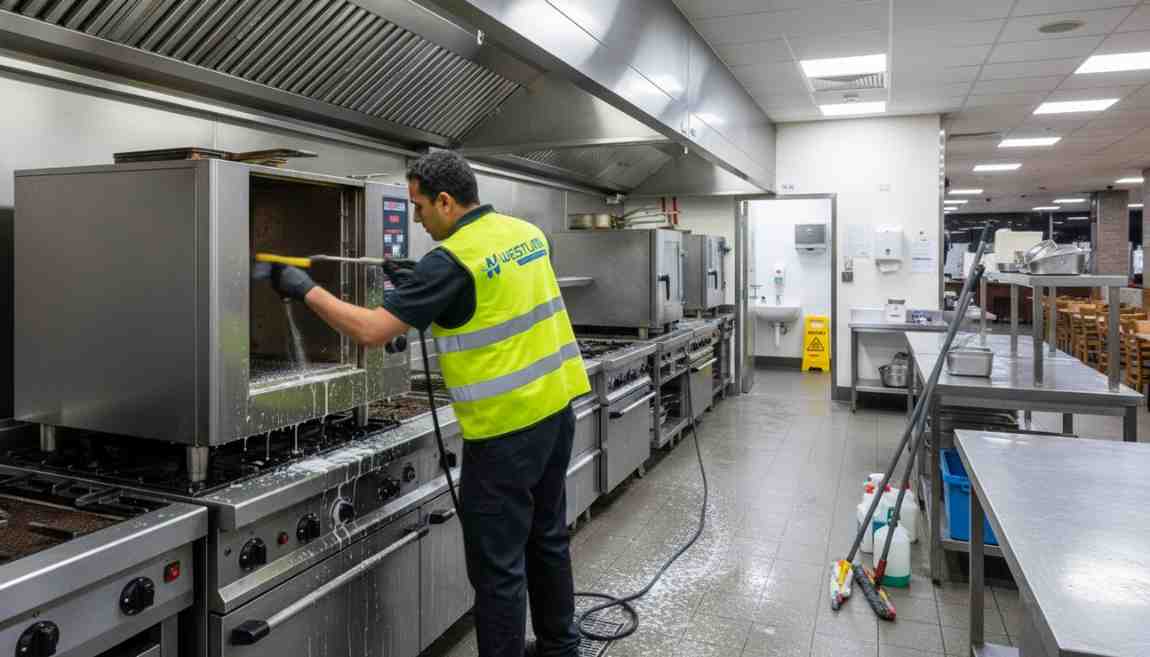 Westlink Commercial Cleaning team member sanitising surfaces in a commercial kitchen in Southern Sydney