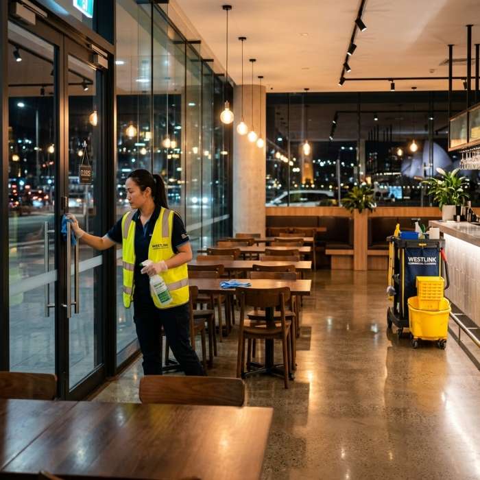 Professional front-of-house restaurant cleaning, with a Westlink cleaner wiping entry glass and touchpoints in a clean dining area.