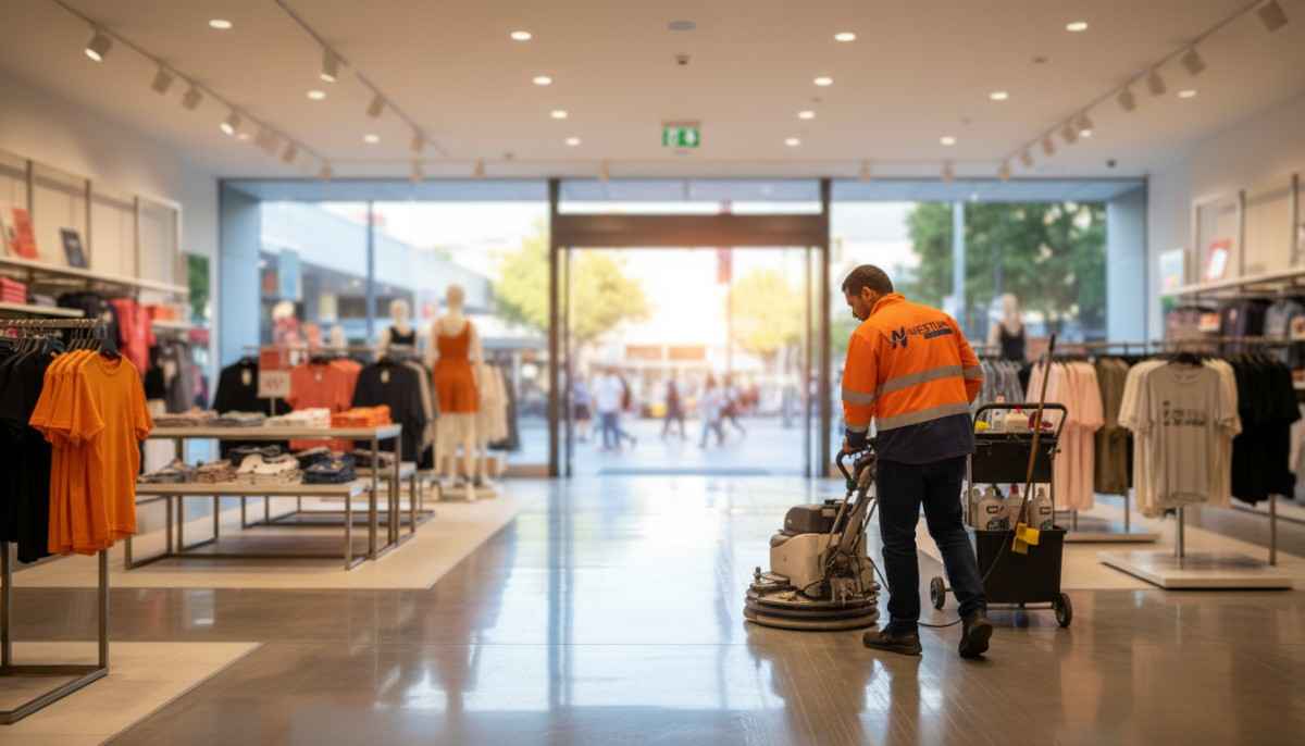 Westlink Commercial Cleaning Commercial cleaner using a floor machine inside a retail store in Southern Sydney