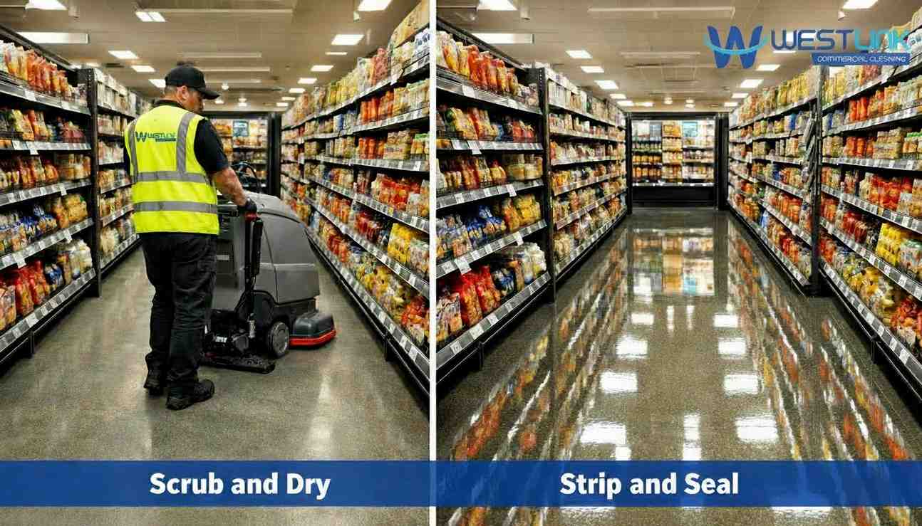 Split image showing scrub and dry floor cleaning with machine on left and shiny strip and seal floor on right in a retail store.