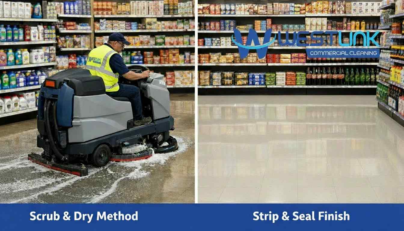 Westlink Commercial worker using floor scrubber machine in retail store for scrub and dry, next to shiny strip and seal floor