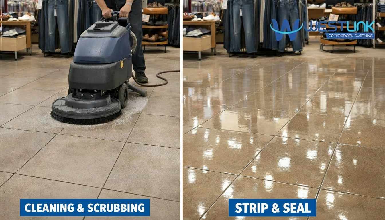 Side by side view of retail floor scrub and dry versus strip and seal results by Westlink Commercial Cleaning