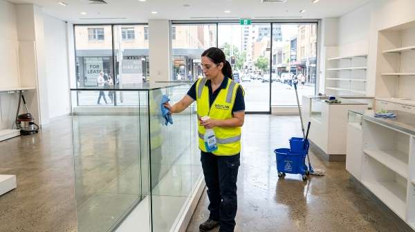 Retail store end of lease cleaning in Sydney with cleaner preparing showroom for handover.