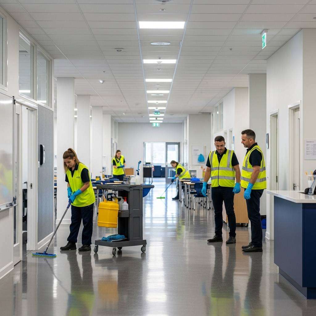 School cleaning services in action with commercial cleaners working in a school corridor and classrooms, highlighting hygiene, high-traffic areas, and specialised cleaning requirements in education facilities.