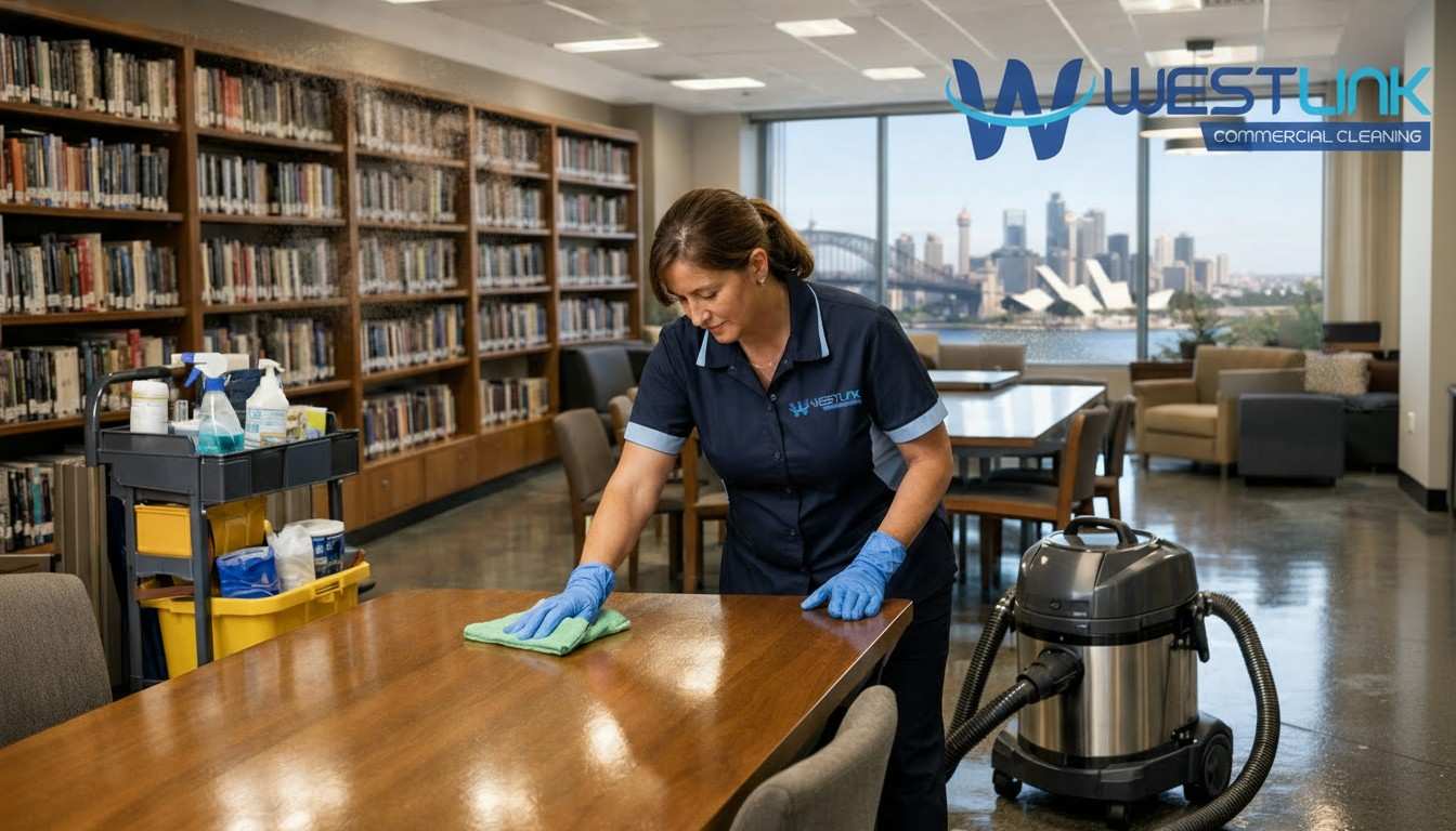 High School Library Cleaning in Sydney – Westlink Commercial cleaner maintaining a clean and hygienic high school library environment