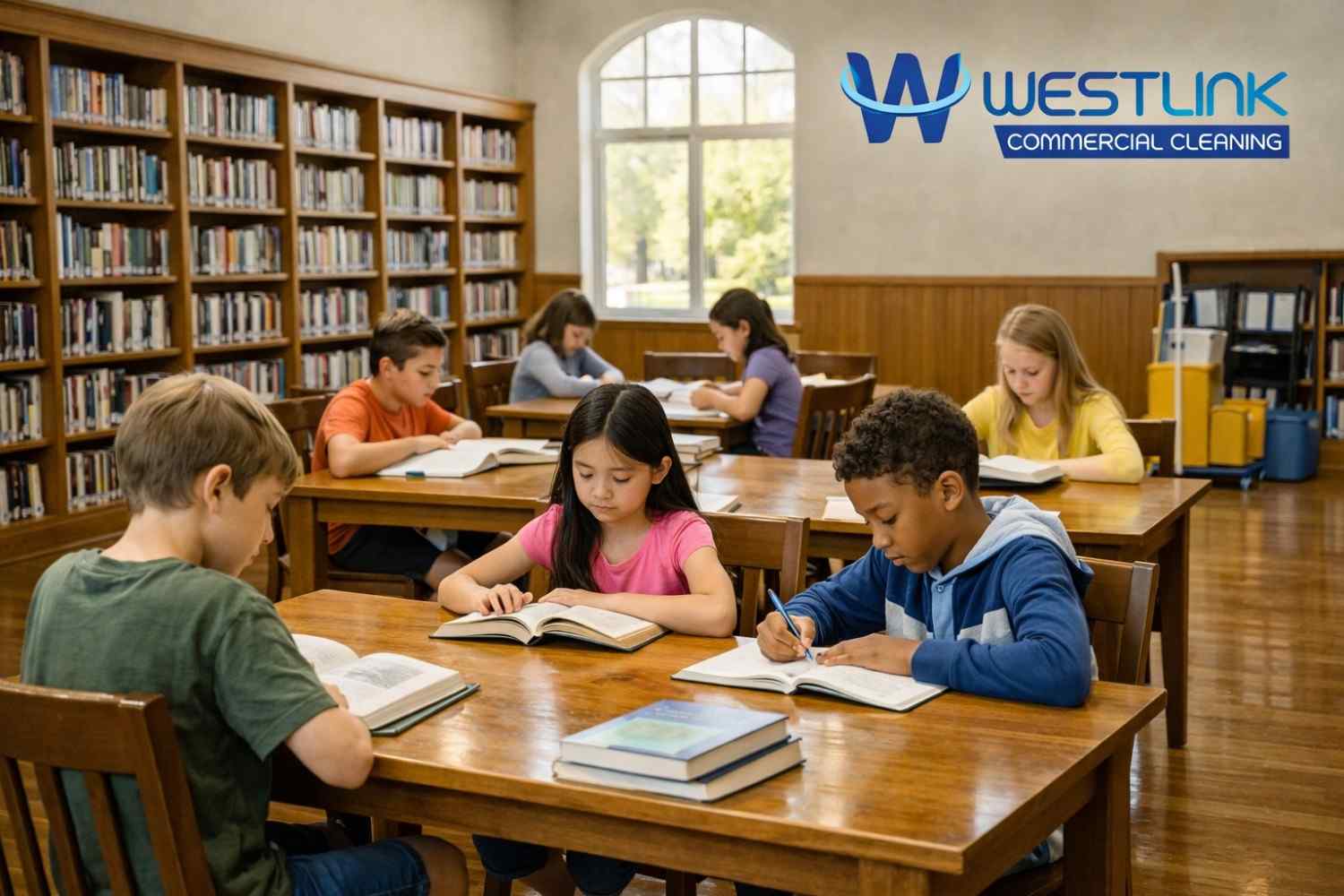 Photorealistic clean school library with students studying, highlighting the importance of professional library cleaning for health, focus, and learning | Westlink Commercial Cleaning