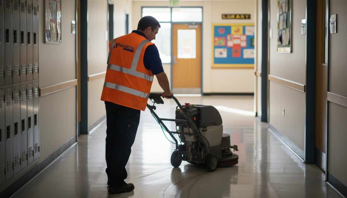 Westlink Commercial Cleaning operator using a floor scrubbing machine in a school hallway in Southern Sydney