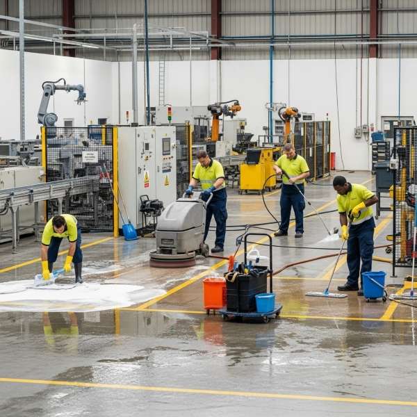 Sydney factory cleaning team removing spills, residue and hard-to-clean industrial buildup from production floors with scrubbers and mops.