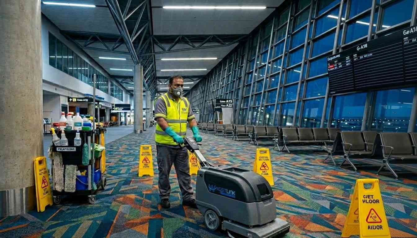 A Westlink Commercial cleaner in a yellow vest, grey valve mask, and teal gloves operating an encapsulation machine on a solution-dyed triexta carpet inside Sydney International Airport terminal before dawn.