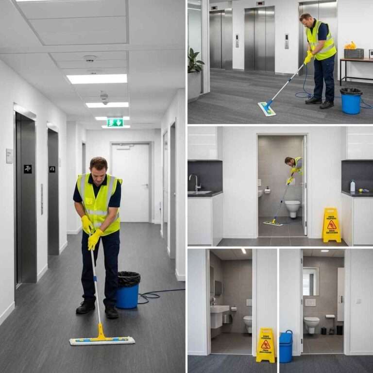 Commercial cleaner mopping office corridors, lift areas and tiled amenities while using safety signage and professional cleaning equipment.