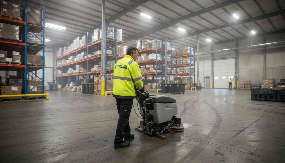 Westlink Commercial Cleaning operator scrubbing the floor inside a warehouse and industrial facility in Southern Sydney