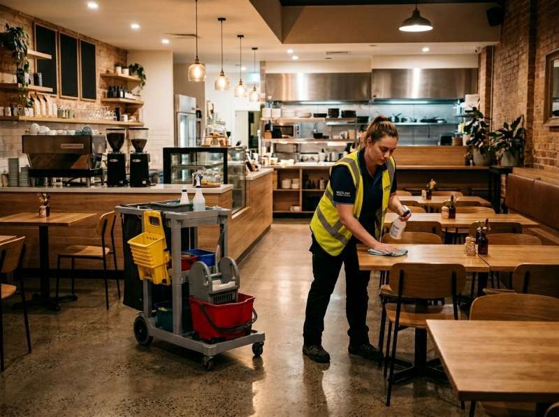 Westlink Commercial Cleaning staff cleaning a Sydney cafe after hours for a restaurant and cafe cleaning case study