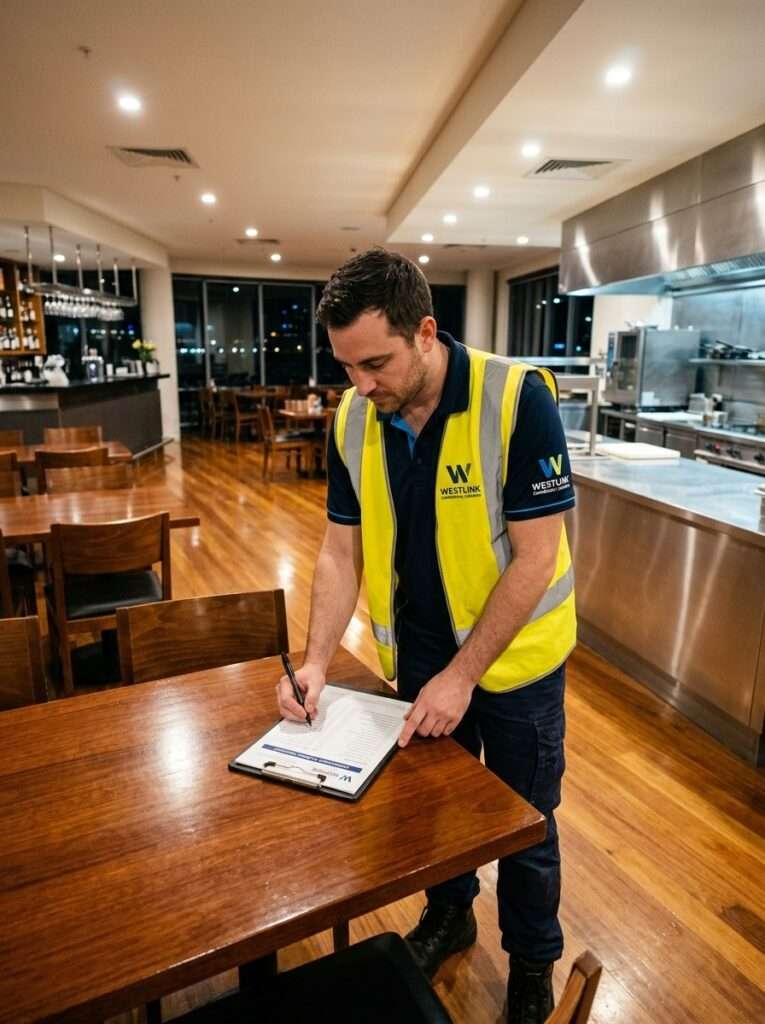 Westlink Commercial Cleaning staff member reviewing a hygiene checklist in a clean Sydney restaurant after hours