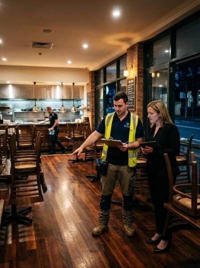 Westlink Commercial Cleaning staff assessing a Sydney restaurant site to quote restaurant and cafe cleaning based on venue size, scope,