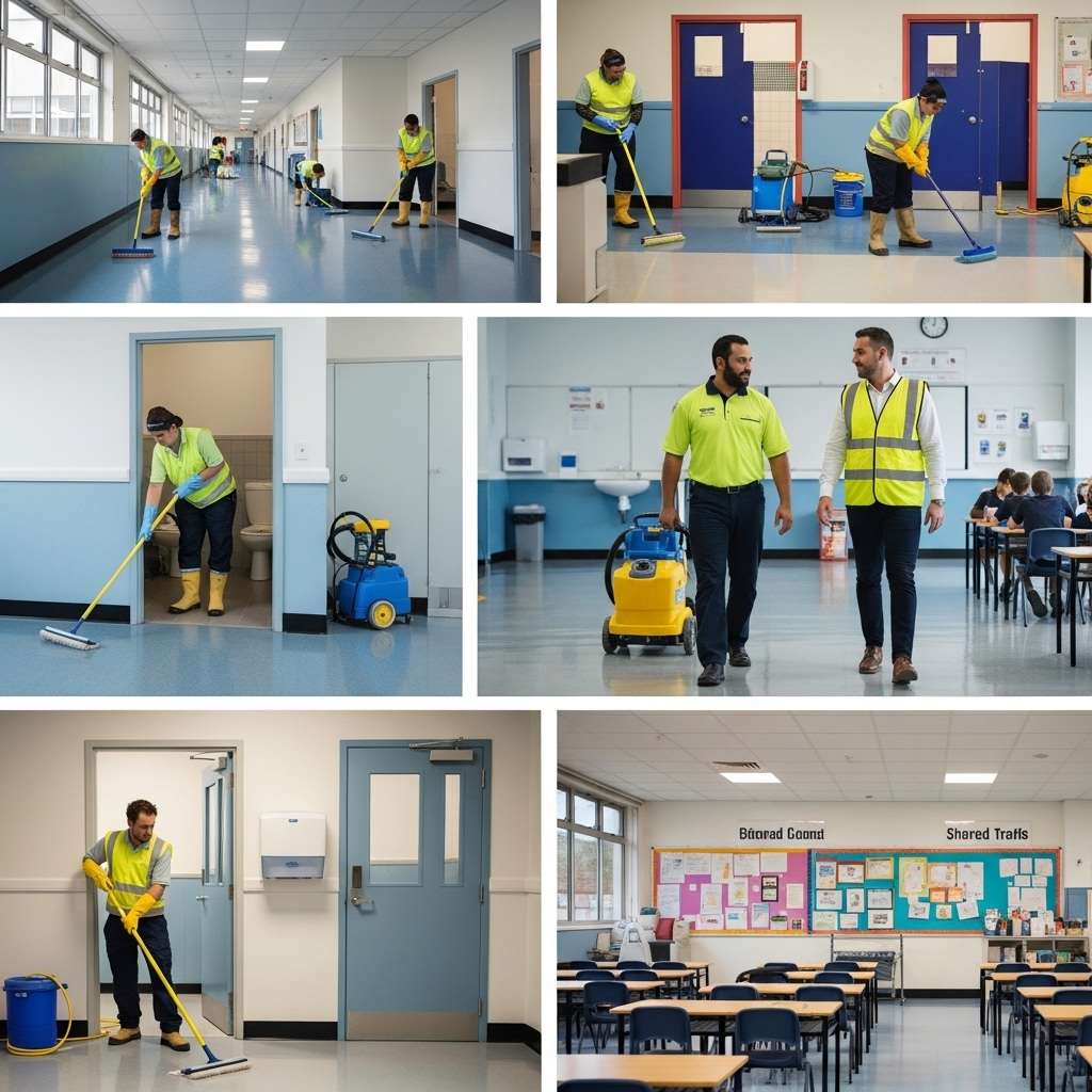 School cleaning cost factors including building size, classroom count, foot traffic, floor types and cleaning frequency, with images of commercial cleaners working in school corridors, classrooms and facilities.