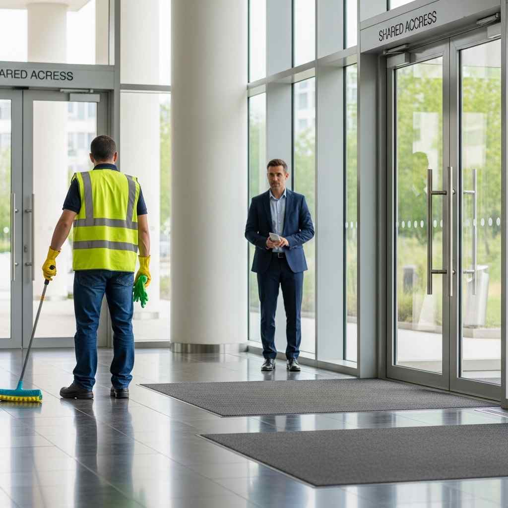 Professional cleaner maintaining a modern strata building foyer while a site manager reviews cleaning standards and presentation