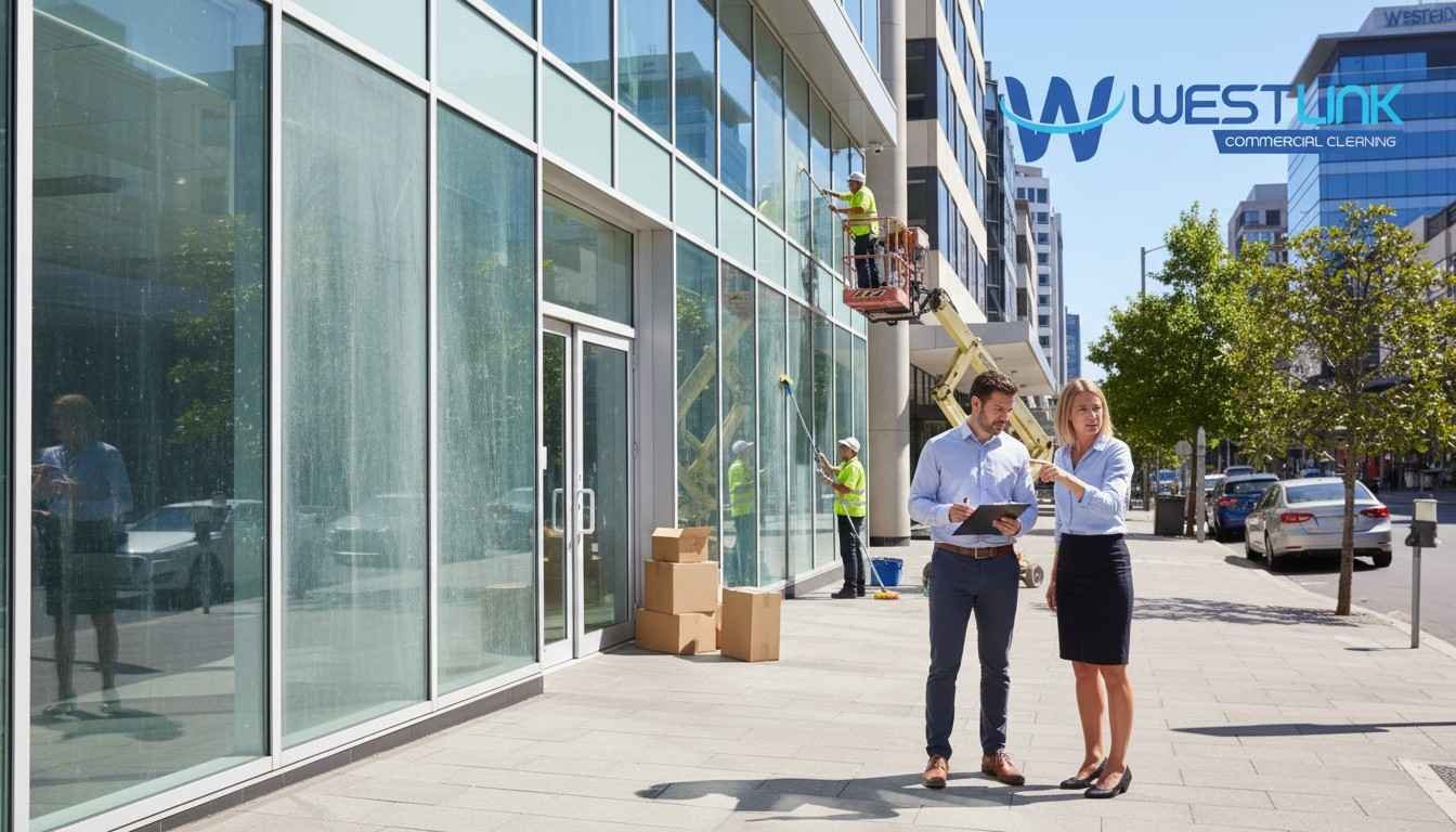 Commercial tenants in Sydney standing outside an office building during end-of-lease, pointing at dirty exterior windows that require professional cleaning before handover
