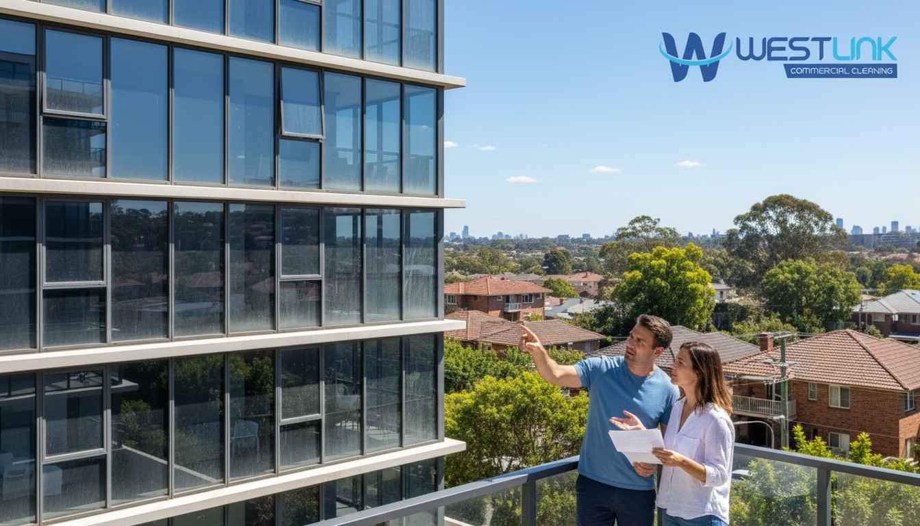 Tenants on a balcony in a Sydney suburban apartment building discussing responsibility for cleaning dirty outside windows, with one pointing upwards and holding a lease document.