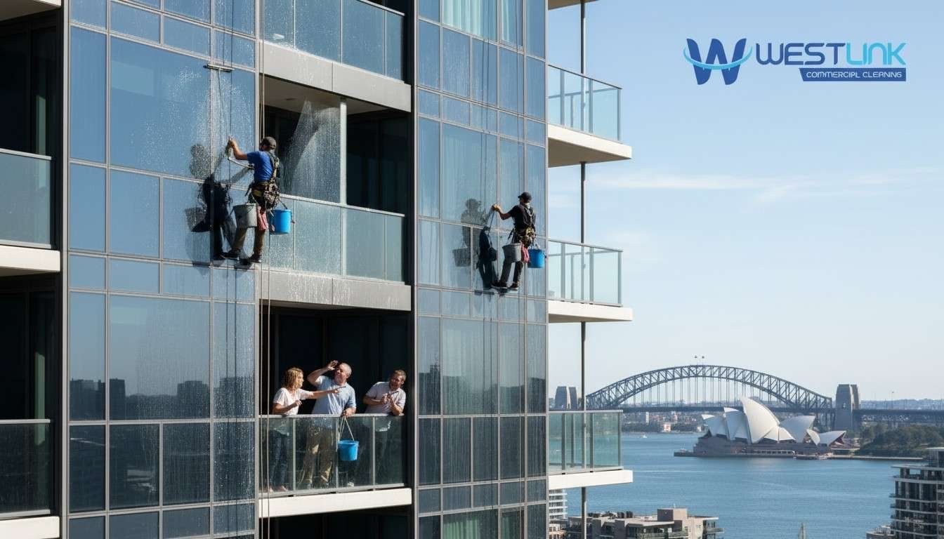 Frustrated tenants on a balcony in a Sydney apartment building pointing at dirty outside windows that need cleaning, with professional window cleaners working on upper floors and Sydney.