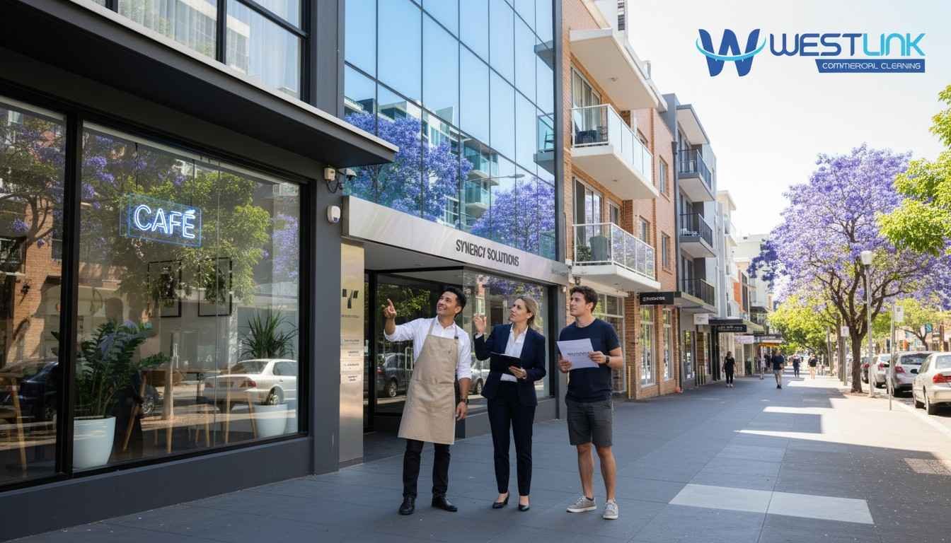 Shop owner, office manager, and strata tenant standing on a Sydney suburban street discussing window cleaning rules for their different property types – shopfront, office, and residential strata building