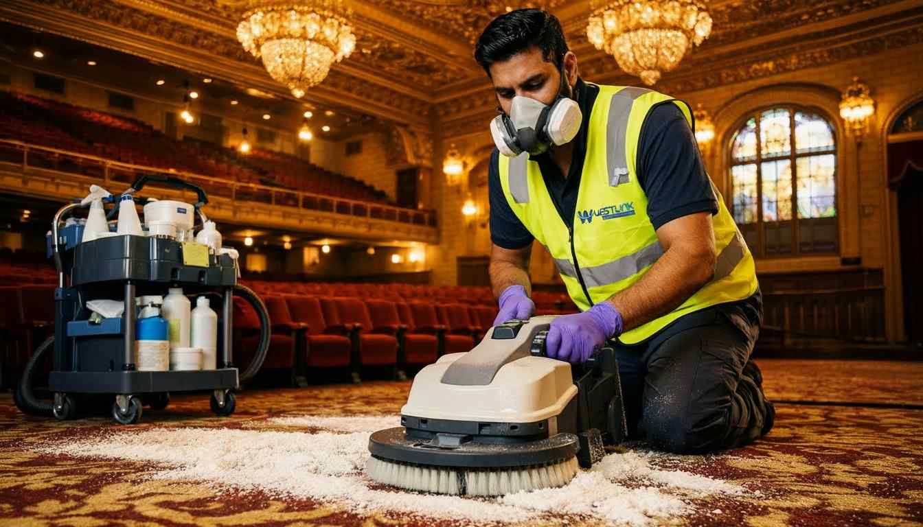 A Westlink commercial cleaner in a yellow vest, white full-face mask, and purple gloves using a dry compound machine to clean a wool blend carpet inside a Sydney heritage theatre.