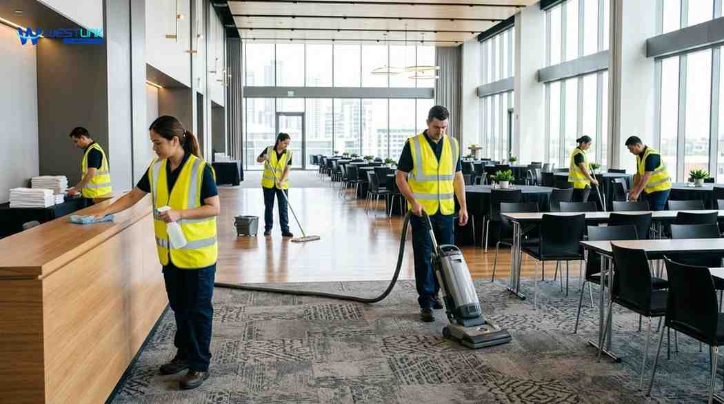 Cleaning staff performing essential pre-event cleaning tasks like dusting, floor cleaning, and arranging furniture in an event venue