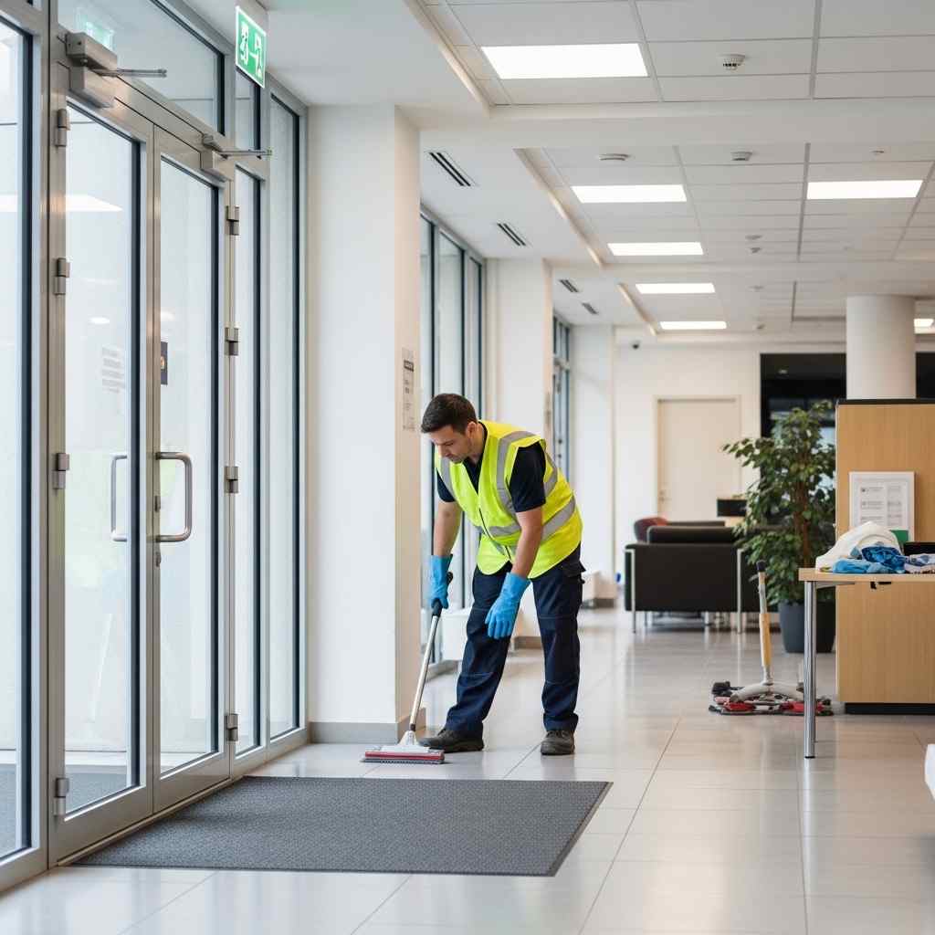 Commercial cleaner performing floor maintenance in a modern shared building corridor with clean glass entries and well-kept common areas