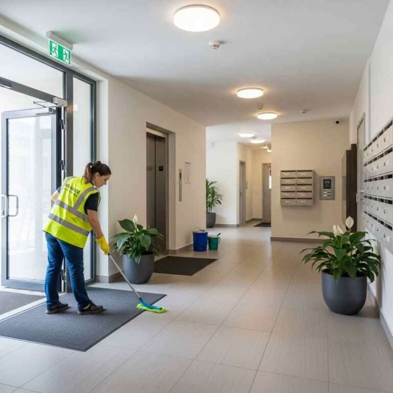 Professional cleaner maintaining a shared apartment building corridor and lift lobby in a modern residential complex