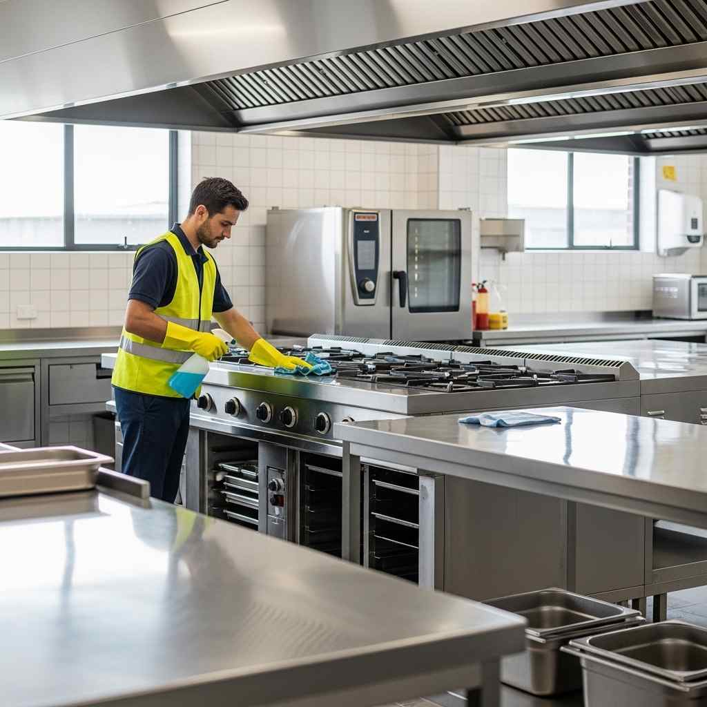 Professional cleaner sanitising stainless steel food preparation surfaces and commercial kitchen equipment in a modern industrial kitchen