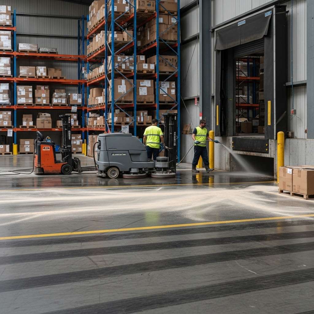 Warehouse cleaning in Sydney showing dust removal, tyre mark scrubbing and loading dock cleaning in an active industrial facility