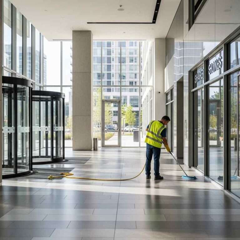 Professional cleaner maintaining a shared access area in a modern mixed-use building with retail and office spaces