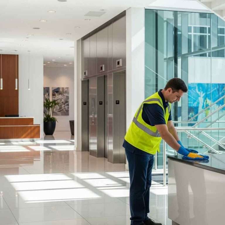 Professional cleaner maintaining a modern office foyer and shared lift area in a corporate building