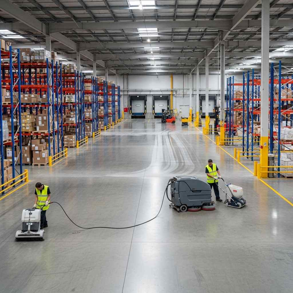 Westlink Commercial Cleaning team cleaning concrete floors in a Sydney warehouse with safe walkways and organised shelving