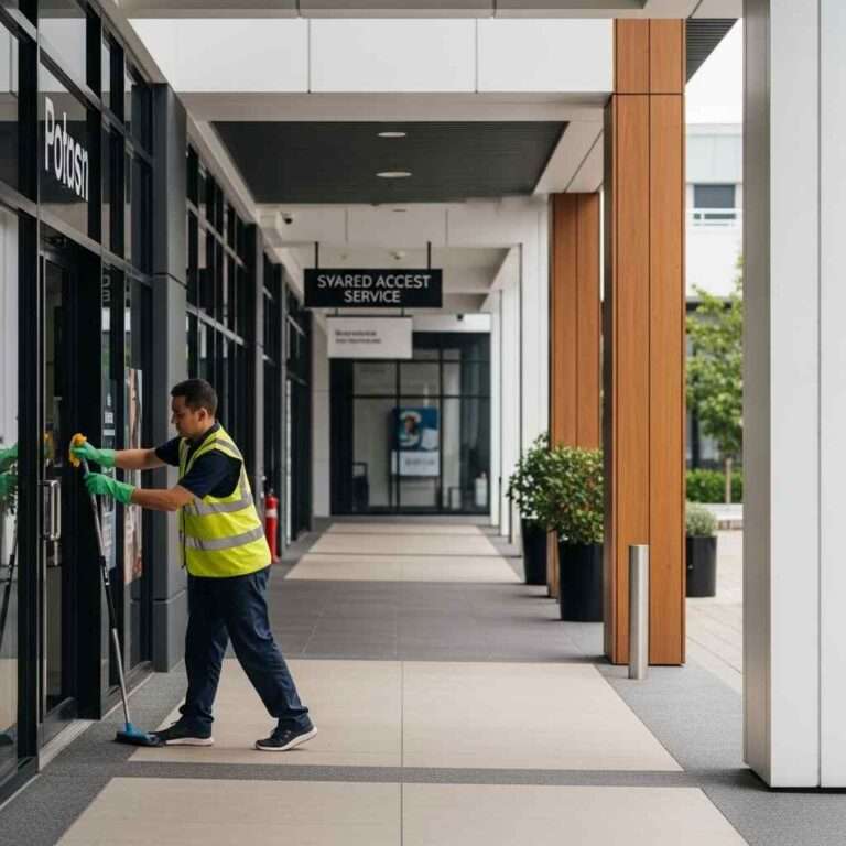 Professional cleaner maintaining a shared retail access path and commercial common area in a modern strata property