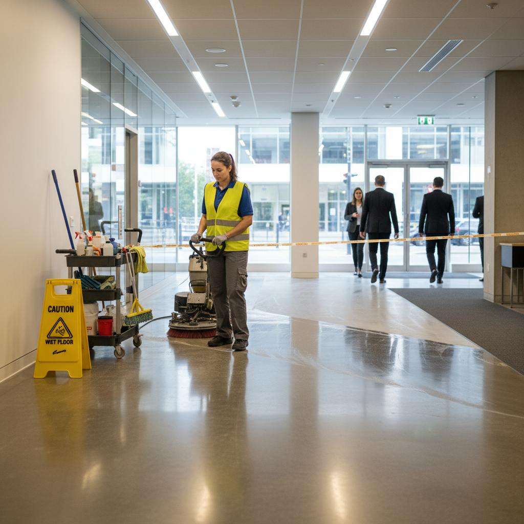 Westlink Commercial Cleaning operator machine-scrubbing a commercial floor in an office lobby with wet floor signage