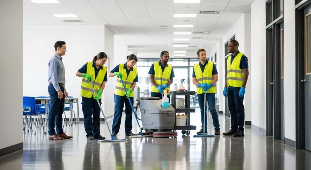After-hours, weekend and school holiday cleaning services with a team of commercial cleaners working in a school corridor, highlighting flexible scheduling for early morning, after-school and deep cleaning in Sydney schools.