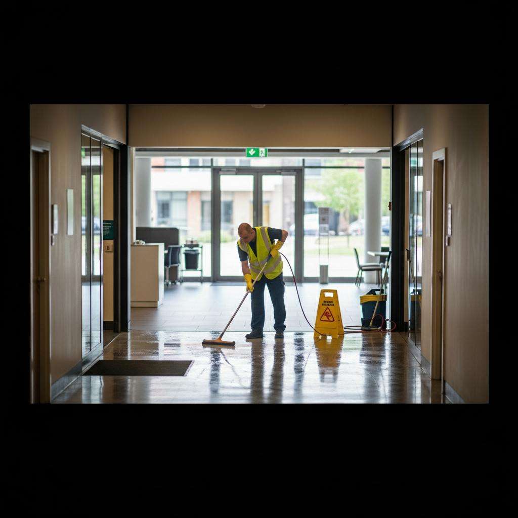 Westlink Commercial Cleaning staff member mopping a commercial hallway floor with wet floor signage