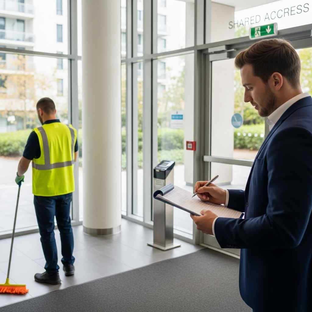 Professional cleaner working in a modern strata building while a supervisor documents site checks and service updates