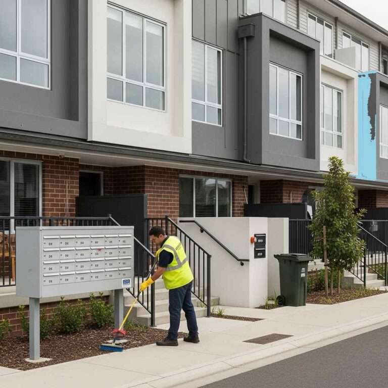 Professional cleaner maintaining shared pathways and common access areas in a modern townhouse strata complex