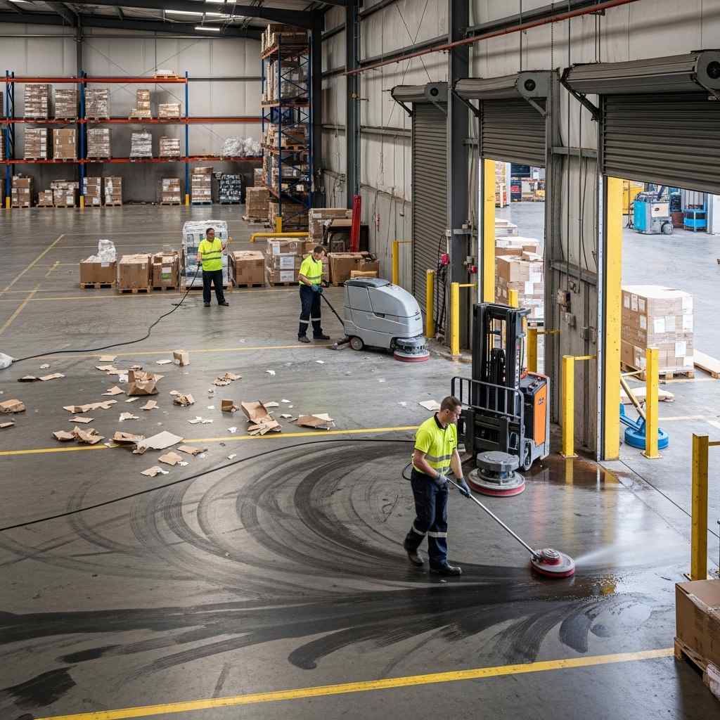 Warehouse cleaners removing dust, tyre marks and dock grime in a busy Sydney warehouse